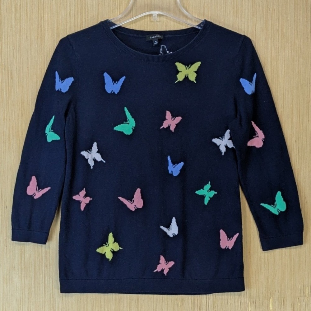 Talbots Colorful Butterfly Fall Cozy Size M Navy Blue 3/4 Sleeve Cotton Blend